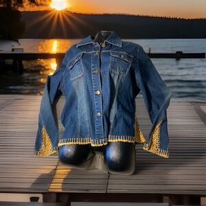 SANDRO Denim Jacket Women's XL Boho Crocheted Detail Top Stitching Jean